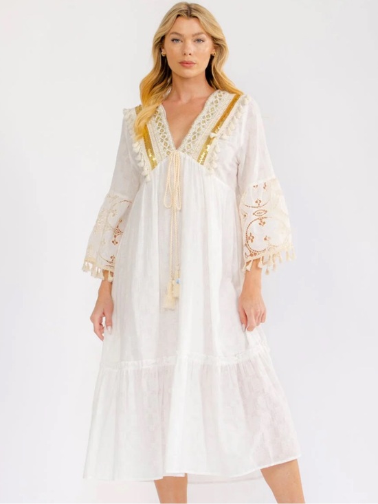 KAYS KLOSET Dresses & Skirts - SD1- White Midi Boho Dress with Gold Trim
